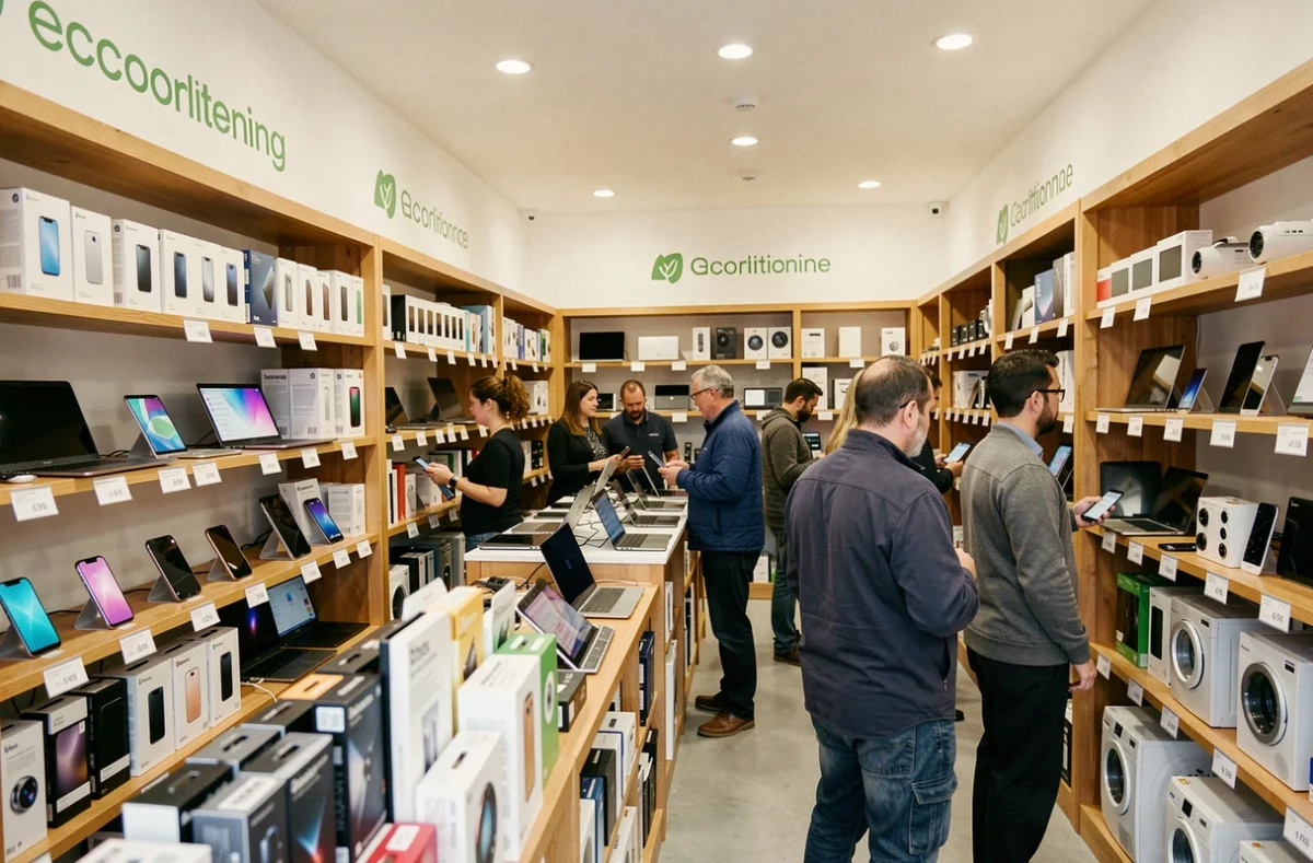 Vue panoramique d'un magasin de matériel électronique reconditionné en Gironde avec des rayons remplis d'appareils remis à neuf et des clients en train de les examiner