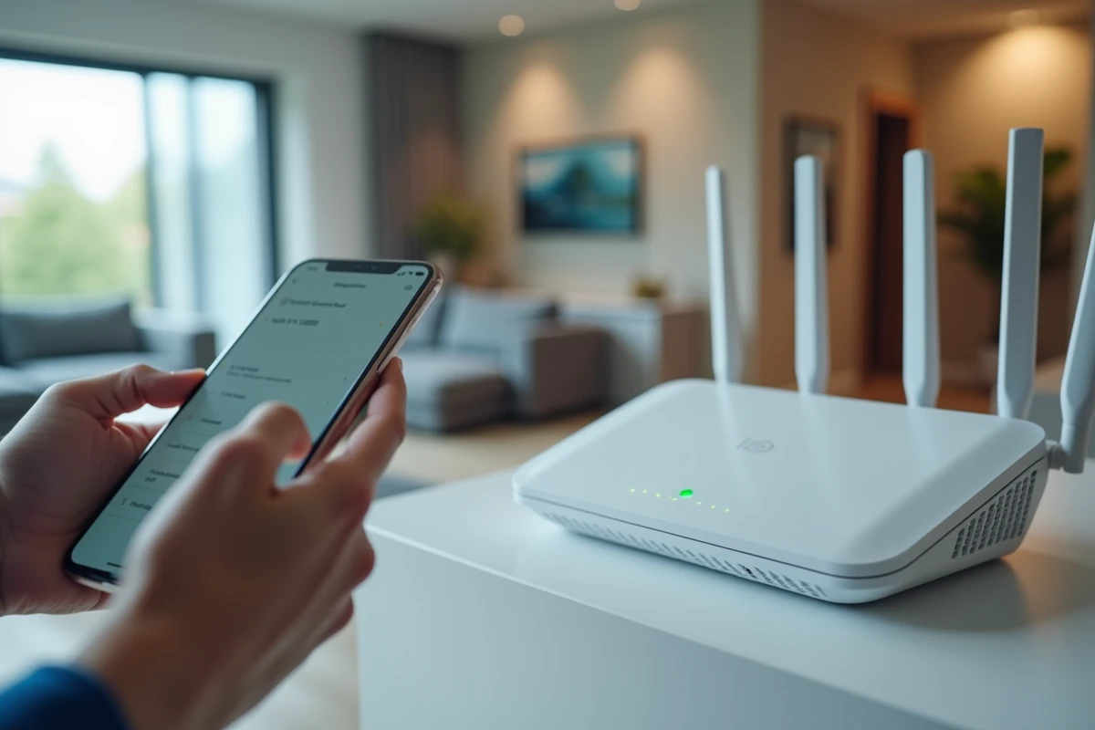 Routeur Wi-Fi domestique et smartphone affichant les paramètres réseau avec adresse IP