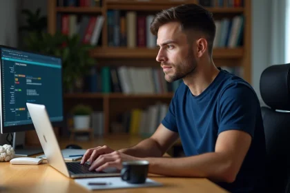 Homme configurant la sécurité de son routeur Wi-Fi depuis un ordinateur portable affichant l'interface d'administration 192.168.1.1