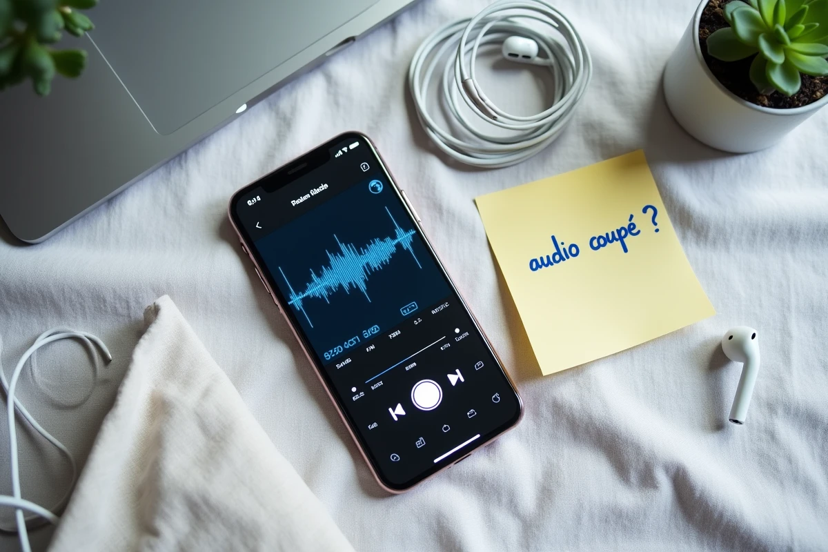 Vue de dessus d'un smartphone avec des écouteurs filaires et une note manuscrite évoquant un problème de son coupé lors d'une conversion MP3