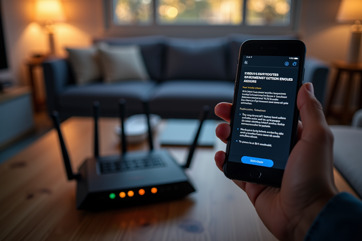 Main tenant un smartphone avec guide de dépannage pour routeur