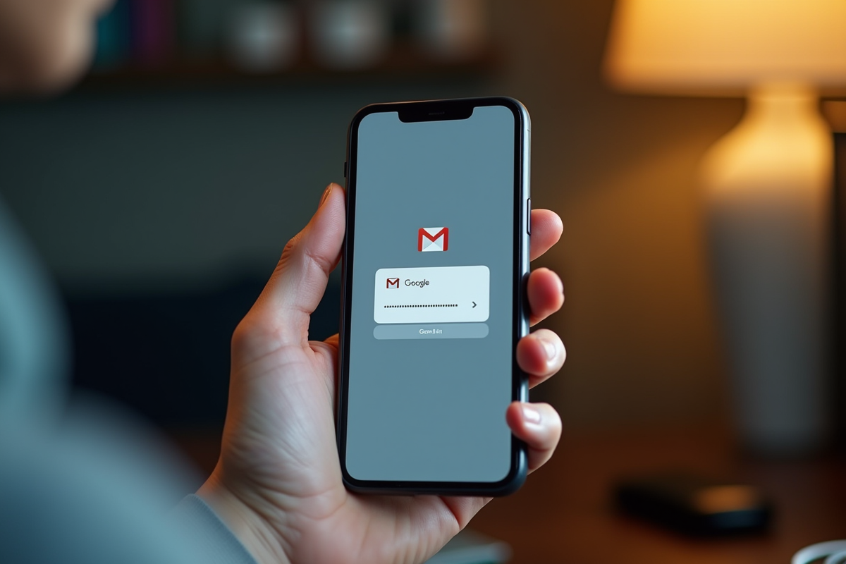Main tenant un smartphone avec reflet du visage et écran Gmail