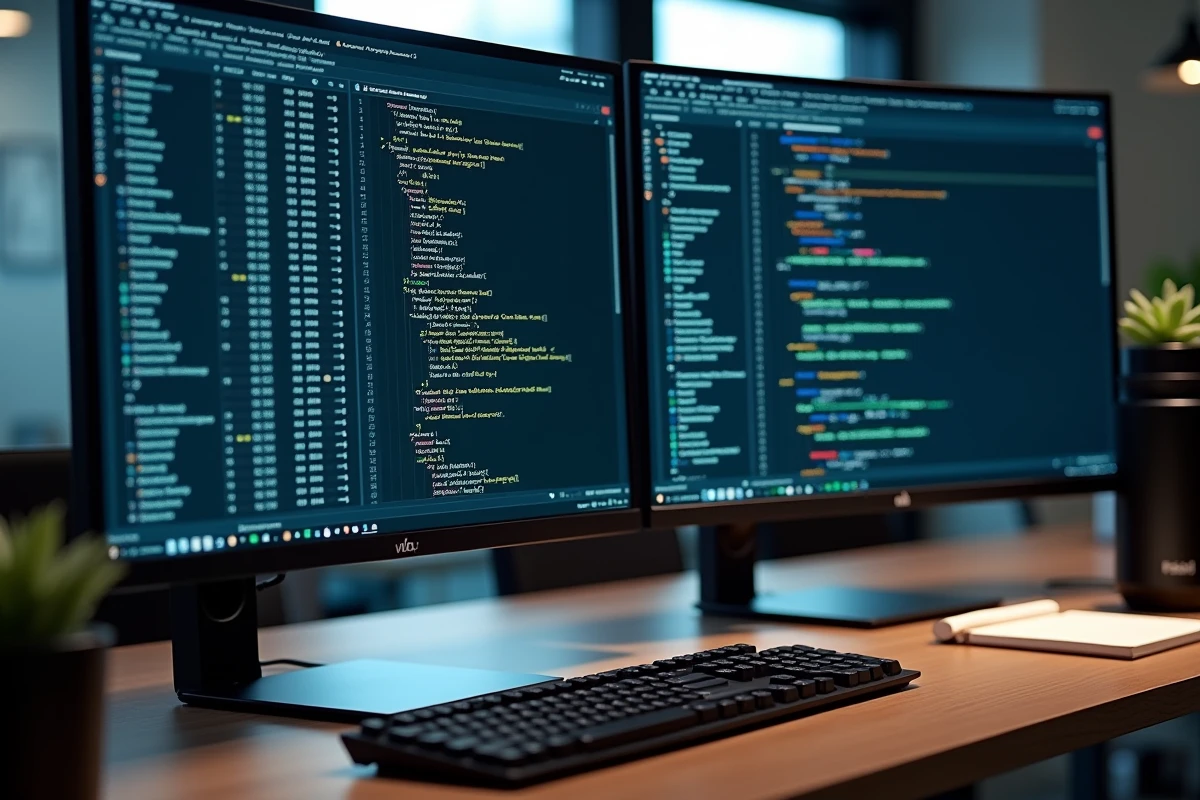 Station de travail avec deux écrans affichant Excel et l'éditeur VBA avec une structure de boucle For Loop