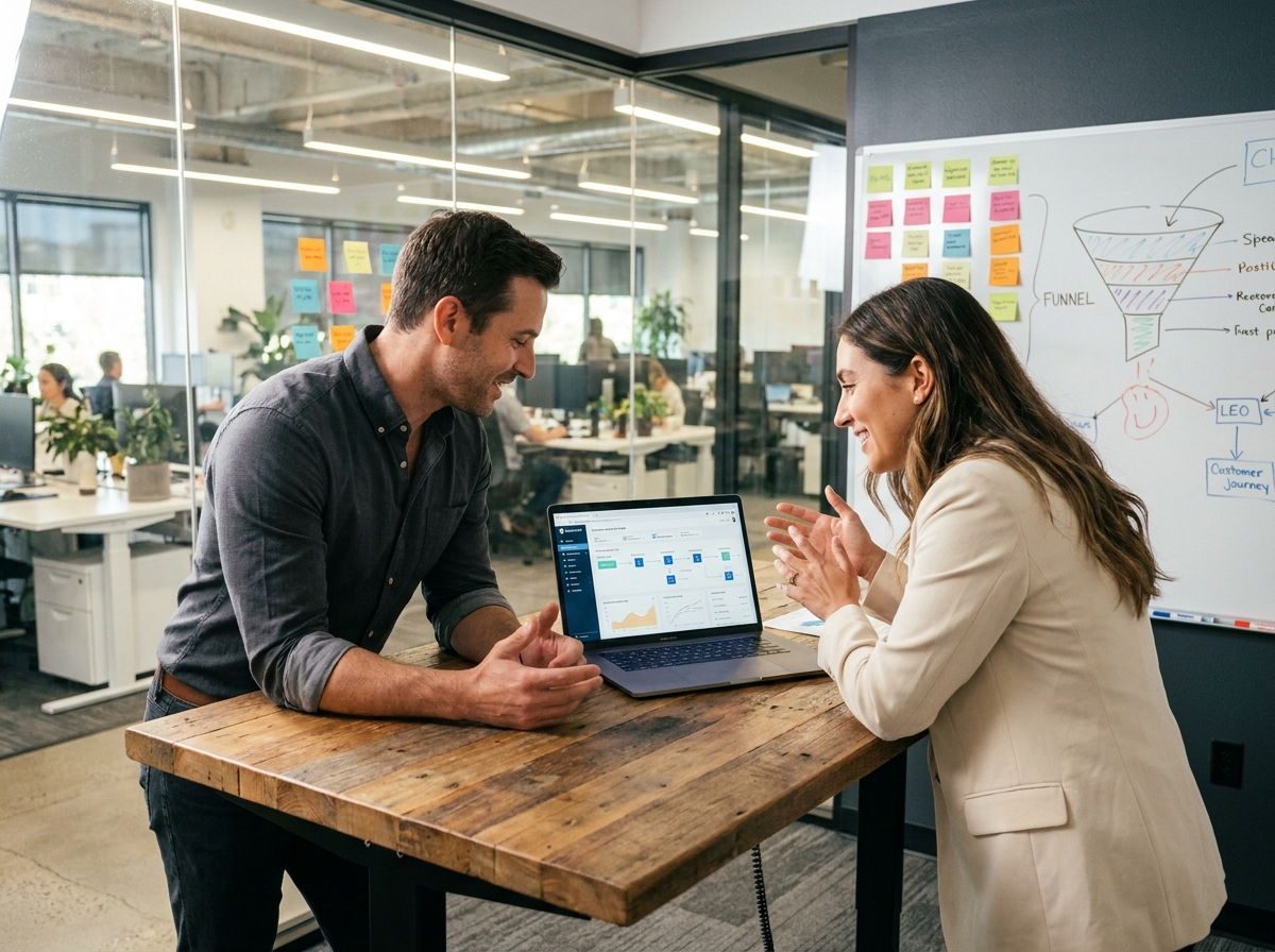 Deux professionnels discutant de la stratégie relation client et du parcours client pour un programme de parrainage