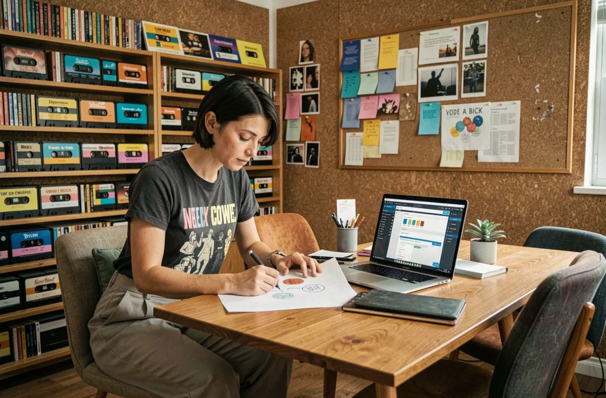 Directrice créative de Studio Cassette esquissant une identité de marque à côté d'un projet WordPress ouvert sur laptop