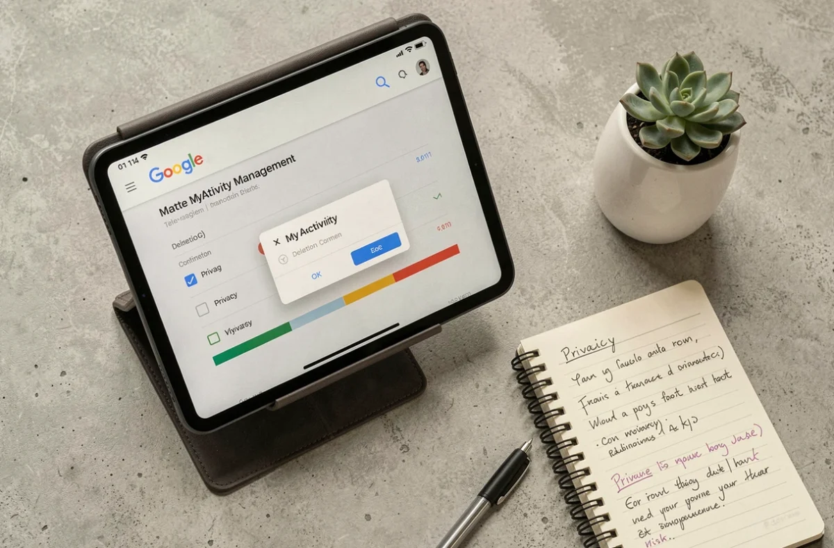 Vue en plongée d'une tablette affichant l'interface Google MyActivity avec un carnet de notes sur un bureau en béton