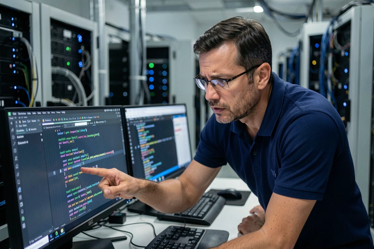 Technicien informatique analysant des logs d'erreurs système sur plusieurs écrans dans une salle de serveurs