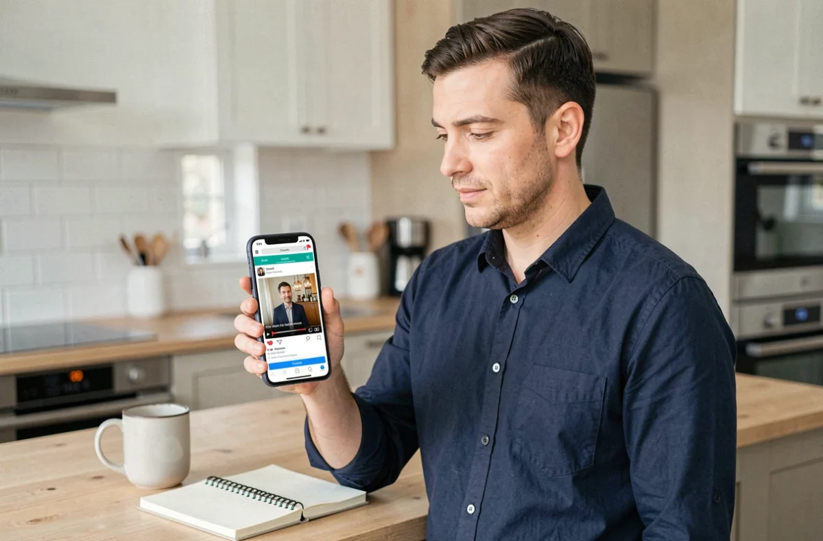 Homme utilisant une application mobile de conversion vidéo pour télécharger une vidéo Instagram ou TikTok légalement sur smartphone