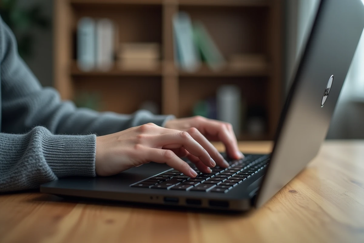 Mains posées sur un clavier de PC portable Dell, cherchant une touche spécifique sur la rangée des touches de fonction