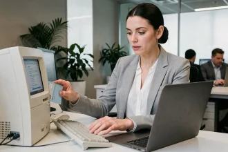 Femme professionnelle transférant des données de messagerie Zimbra d'un ancien ordinateur vers un nouveau poste de travail dans un bureau moderne