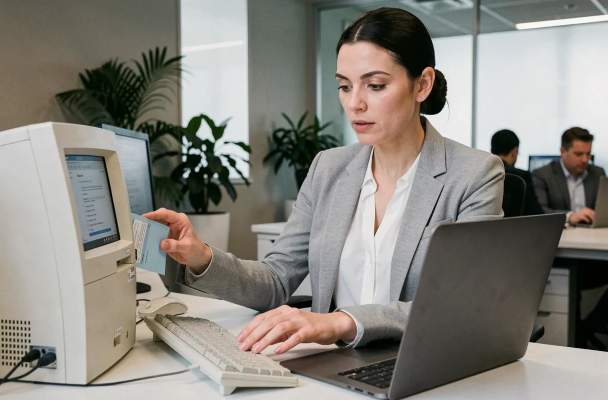 Femme professionnelle transférant des données de messagerie Zimbra d'un ancien ordinateur vers un nouveau poste de travail dans un bureau moderne