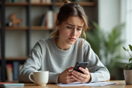 Jeune femme regardant son smartphone avec une expression confuse face à un profil Instagram introuvable