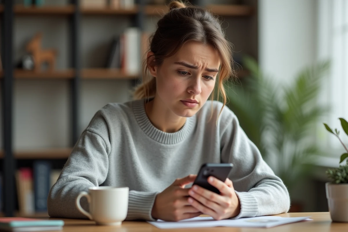 Jeune femme regardant son smartphone avec une expression confuse face à un profil Instagram introuvable