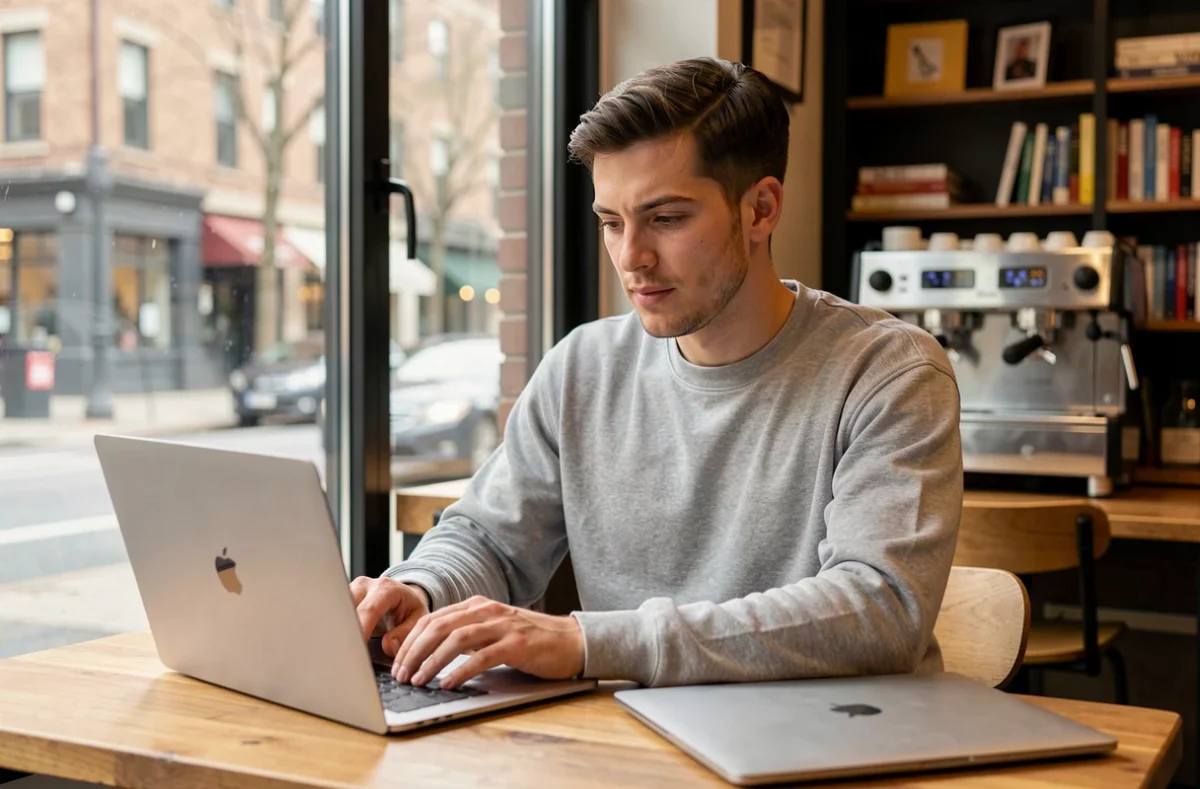 Homme utilisant un MacBook Air M2 dans un café avec un MacBook Pro posé à côté