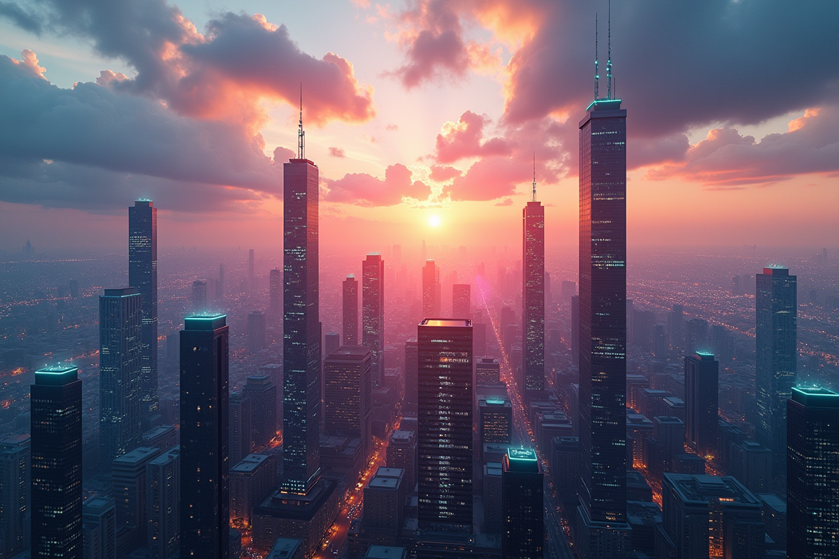 Ville futuriste avec gratte-ciel et flux de données au lever du soleil