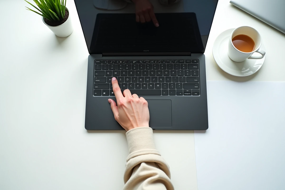 Vue aérienne d'un clavier de PC portable Dell avec un doigt pointant la rangée des touches de fonction sur un bureau minimaliste