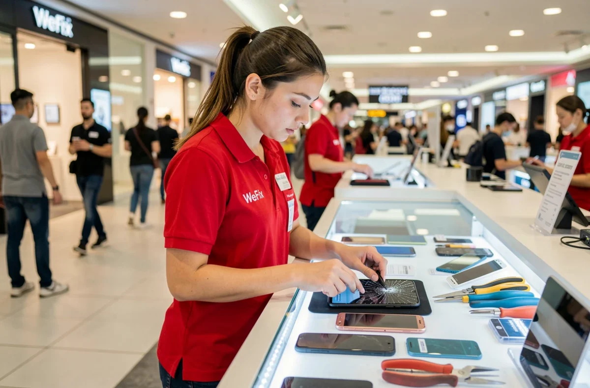 Technicienne WeFix réparant rapidement un smartphone dans un centre commercial