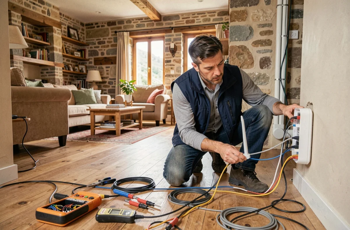 Technicien de WiFi 64 installant un réseau informatique dans une maison du département 64