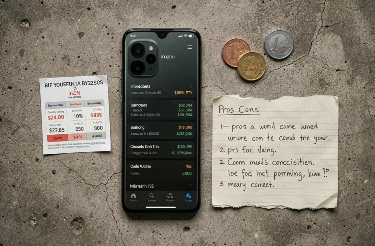 Vue de dessus du Xiaomi 15 posé avec des pièces de monnaie et une liste de comparaison de prix, illustrant le concept de petit budget et de bon plan